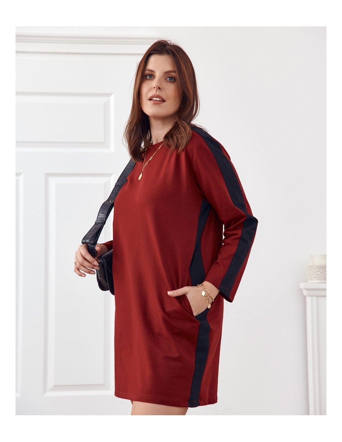 Gerades Kleid mit Streifen Plus Size Burgunderrot FI585 - Online-Shop - Boutique